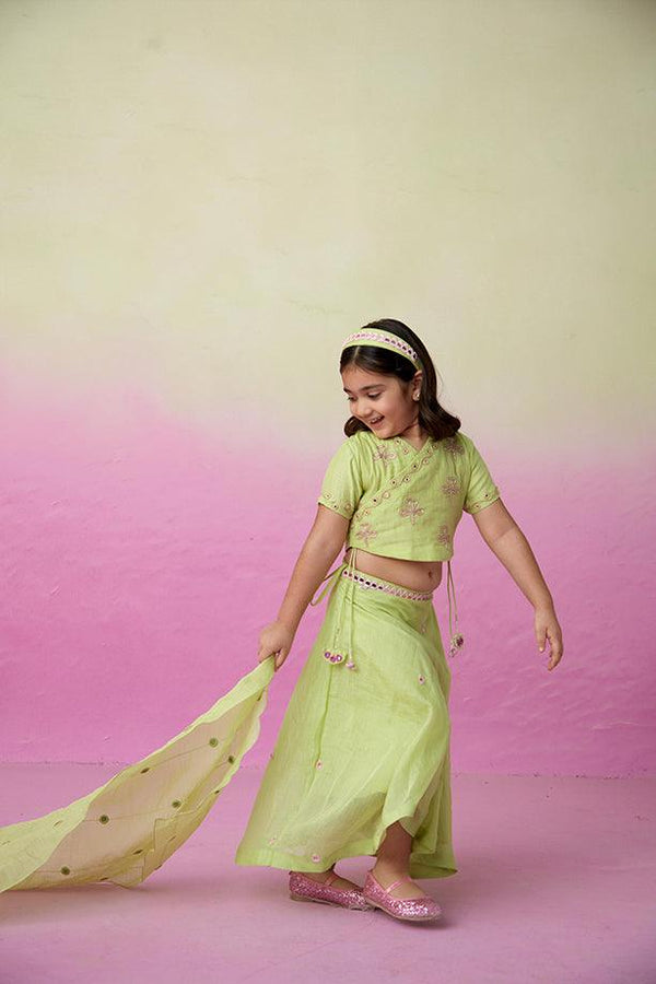 Dainty Garden- Lime Hand Embroidered Crop top, Skirt and Dupatta Set for Girls - Totdot