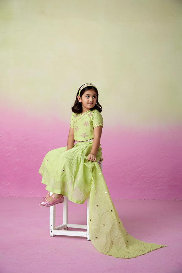 Dainty Garden- Lime Hand Embroidered Crop top, Skirt and Dupatta Set for Girls - Totdot