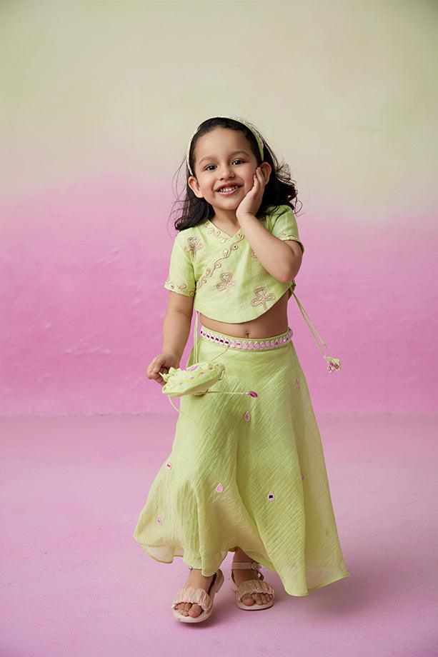 Dainty Garden- Lime Hand Embroidered Crop top, Skirt and Dupatta Set for Girls - Totdot