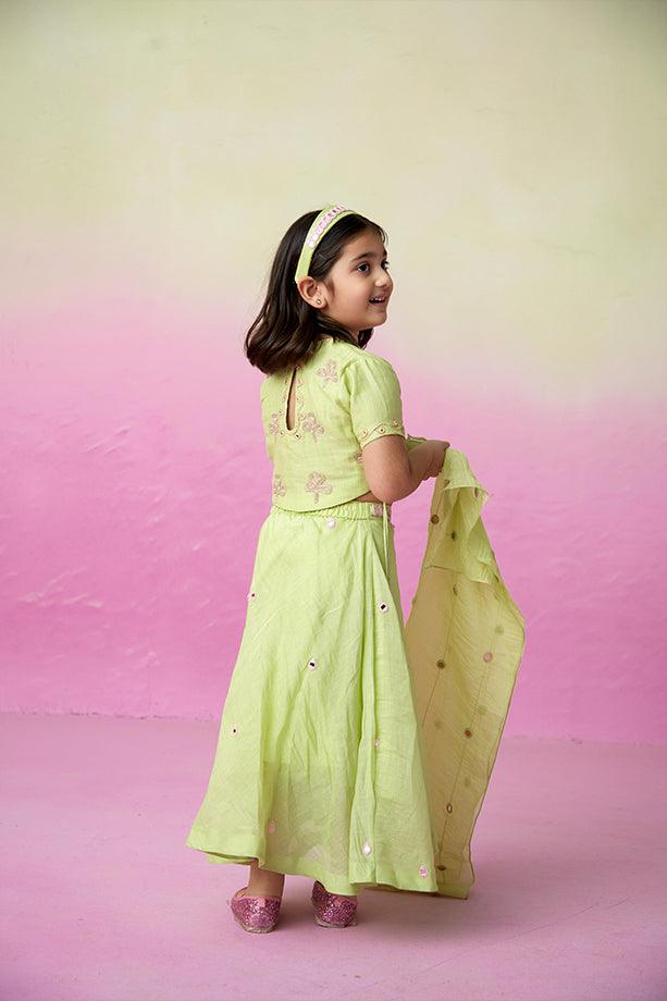 Dainty Garden- Lime Hand Embroidered Crop top, Skirt and Dupatta Set for Girls - Totdot