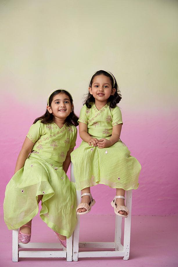 Dainty Garden- Lime Hand Embroidered Crop top, Skirt and Dupatta Set for Girls - Totdot