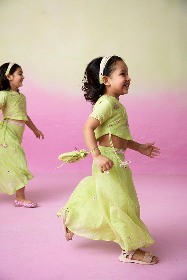 Dainty Garden- Lime Hand Embroidered Crop top, Skirt and Dupatta Set for Girls - Totdot