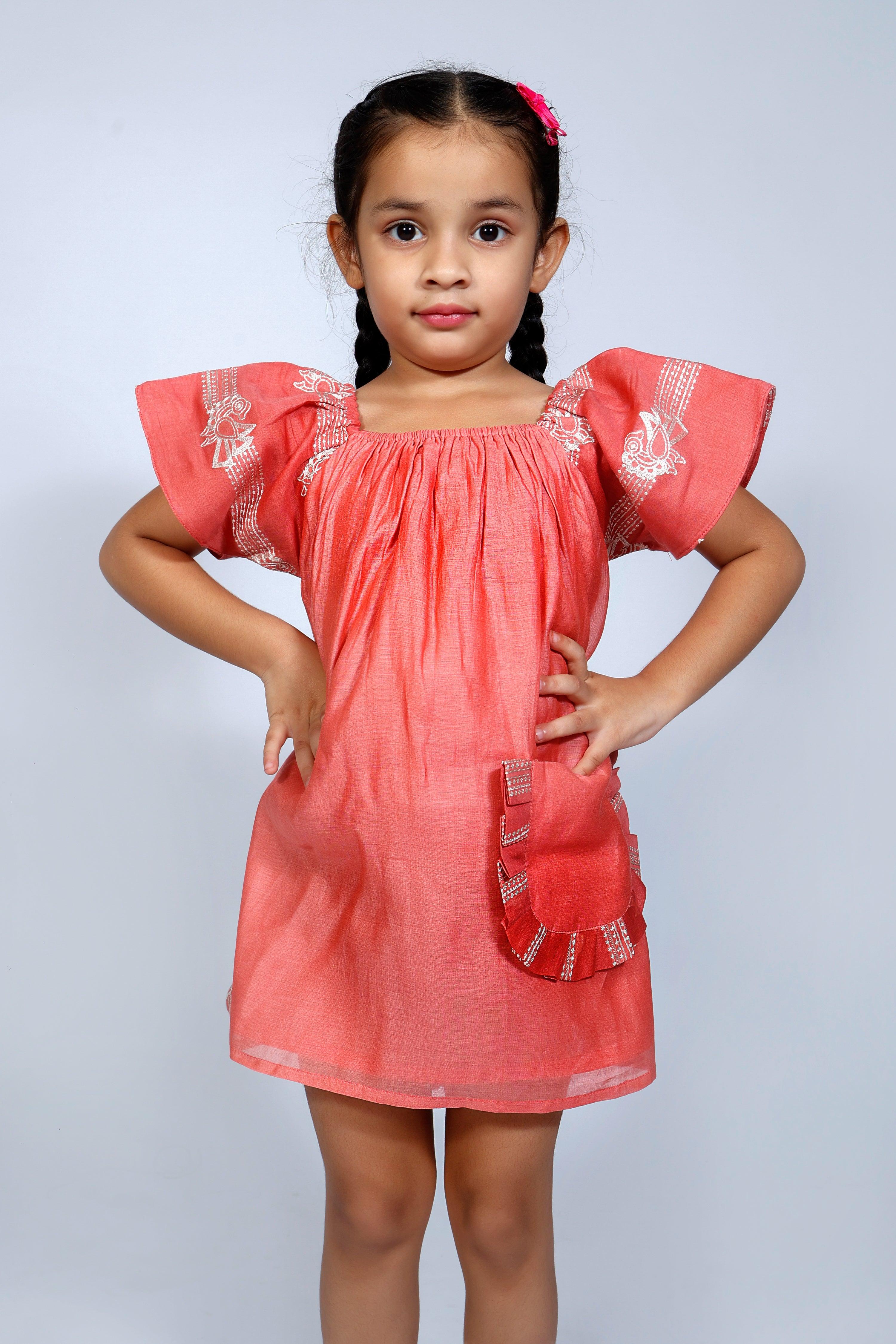 Designer Chanderi Dress with Embroidered Frills for Girls - Red - Totdot