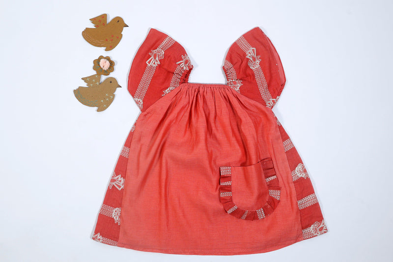 Designer Chanderi Dress with Embroidered Frills for Girls - Red - Totdot