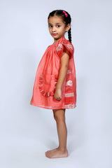 Designer Chanderi Dress with Embroidered Frills for Girls - Red - Totdot