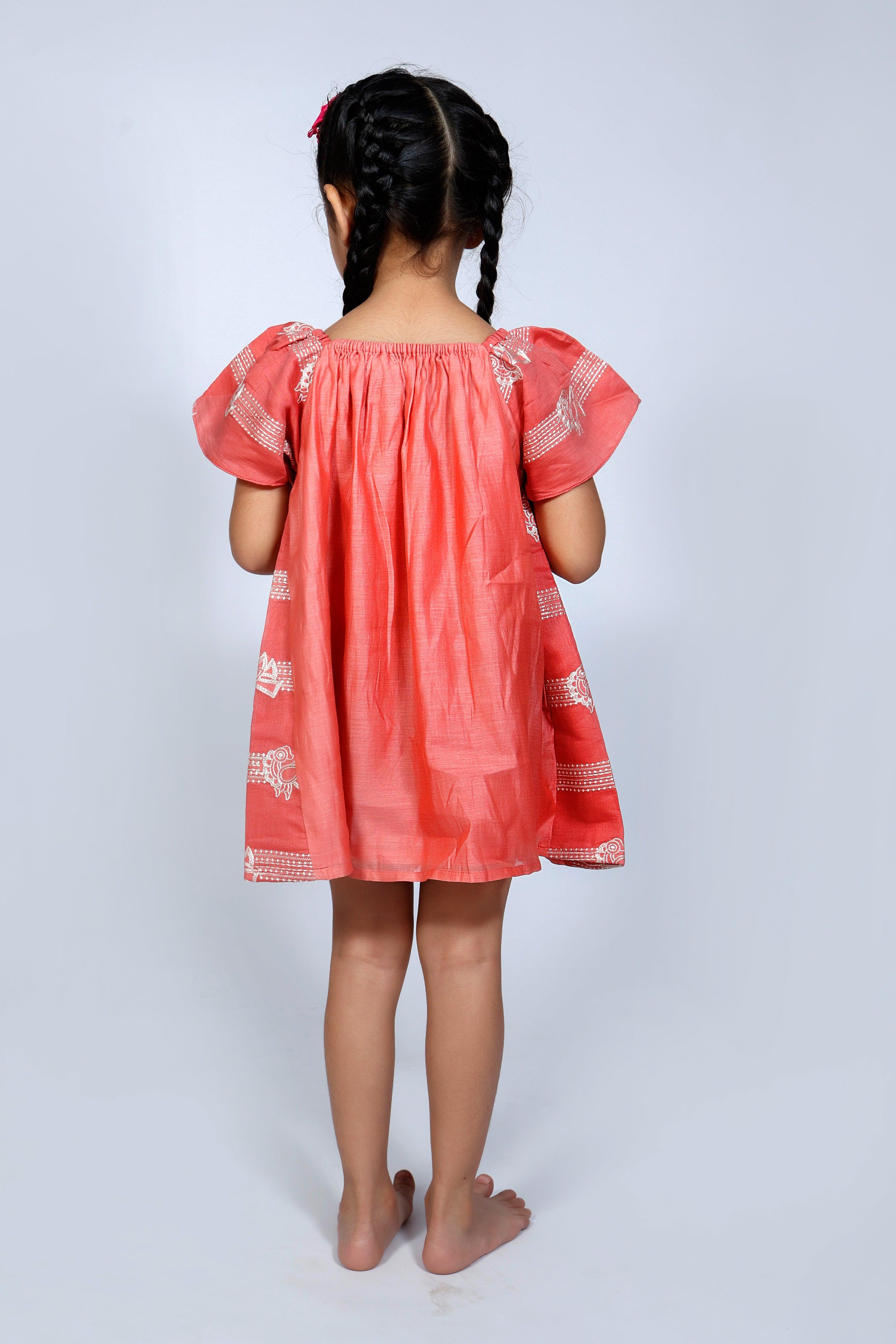 Designer Chanderi Dress with Embroidered Frills for Girls - Red - Totdot