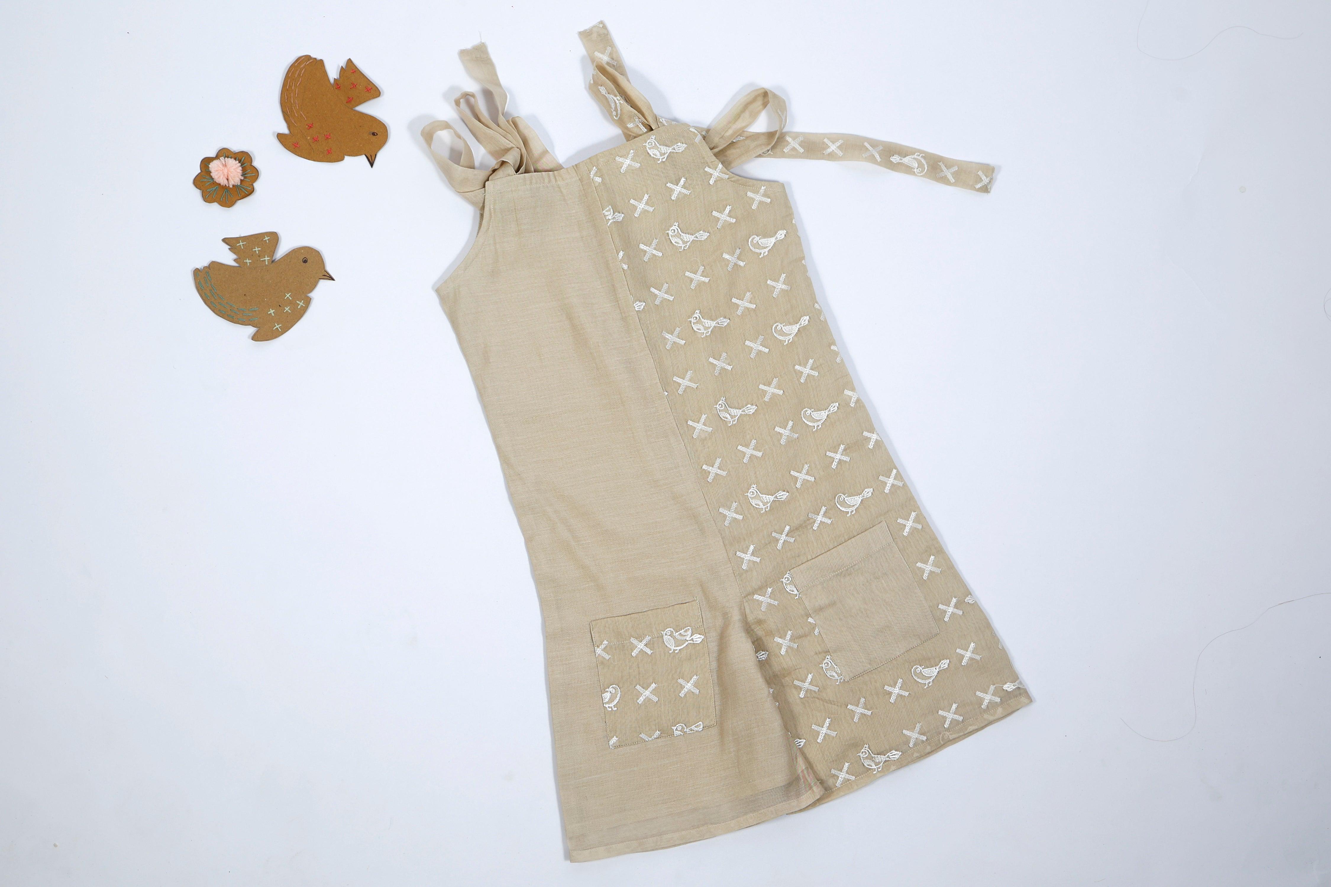 Designer Chanderi JumpSuit with Embroidered for Girls - Beige - Totdot