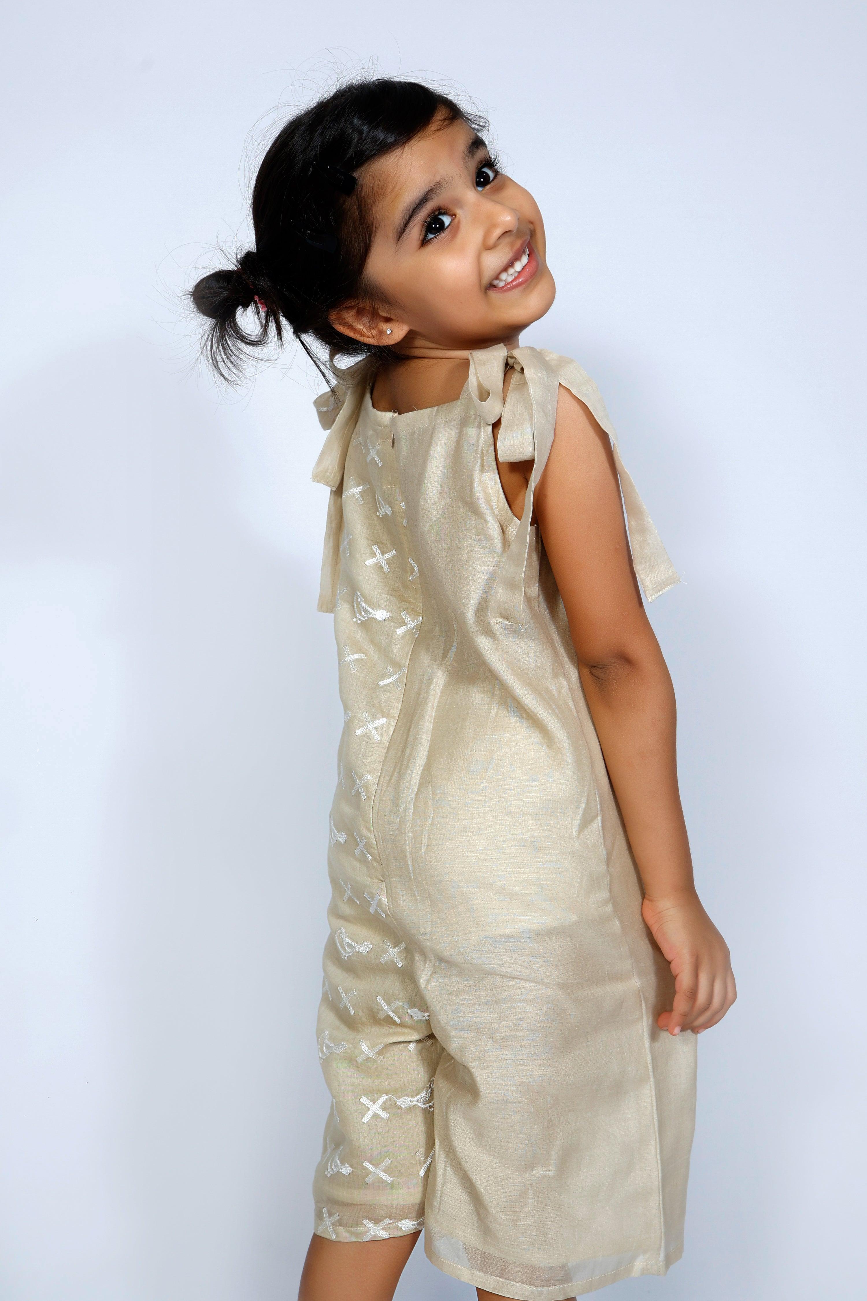 Designer Chanderi JumpSuit with Embroidered for Girls - Beige - Totdot