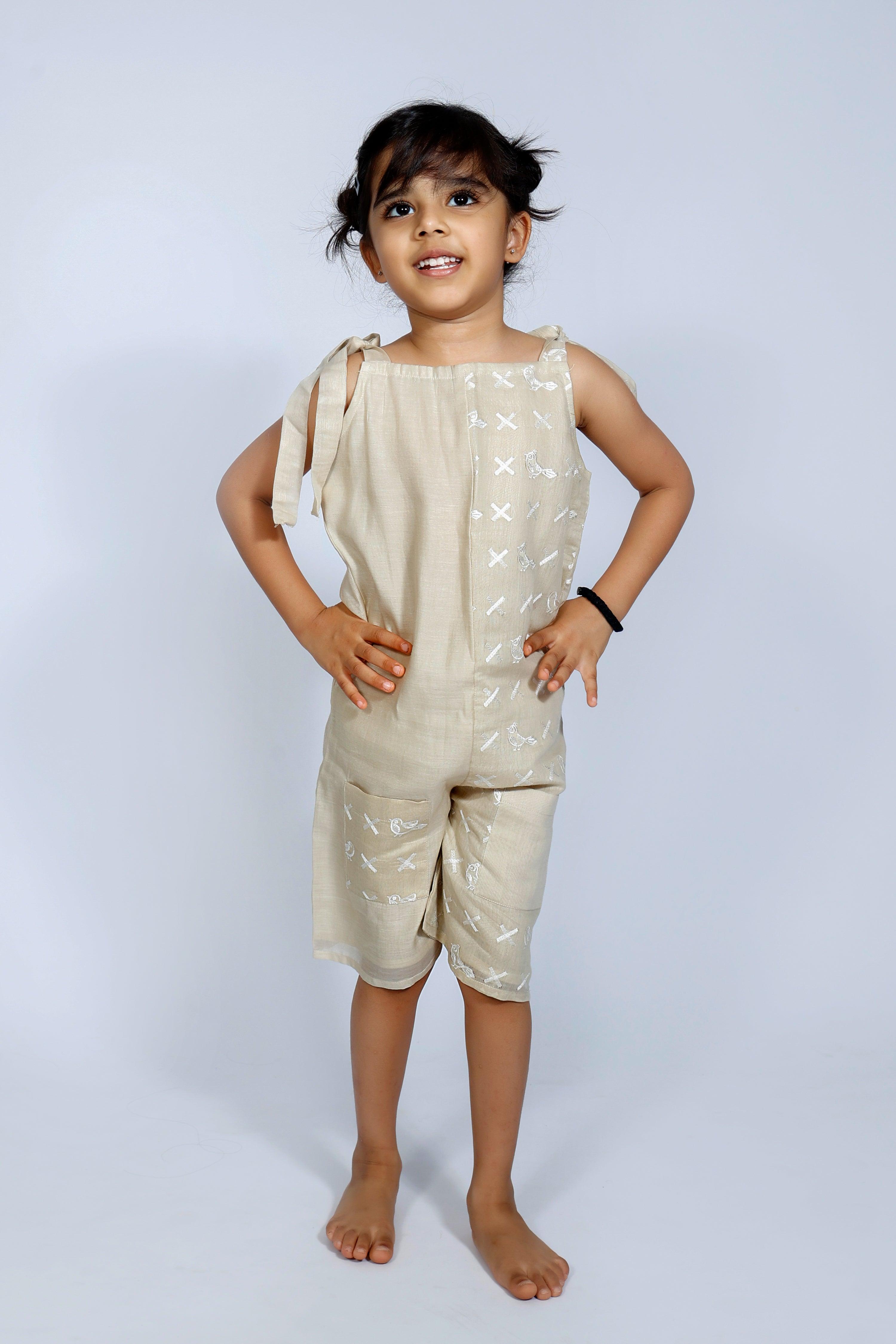 Designer Chanderi JumpSuit with Embroidered for Girls - Beige - Totdot