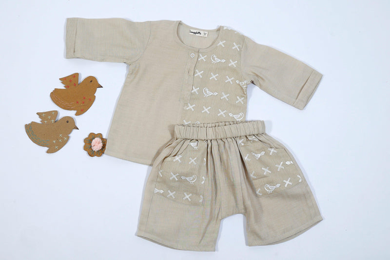 Designer Chanderi Short Ethnic Kurta Set with Shorts for Infant Boys - Beige - Totdot