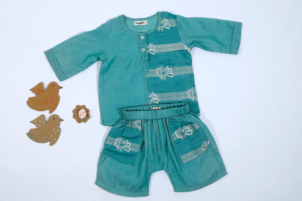 Designer Chanderi Short Ethnic Kurta Set with Shorts for Infant Boys - Blue - Totdot
