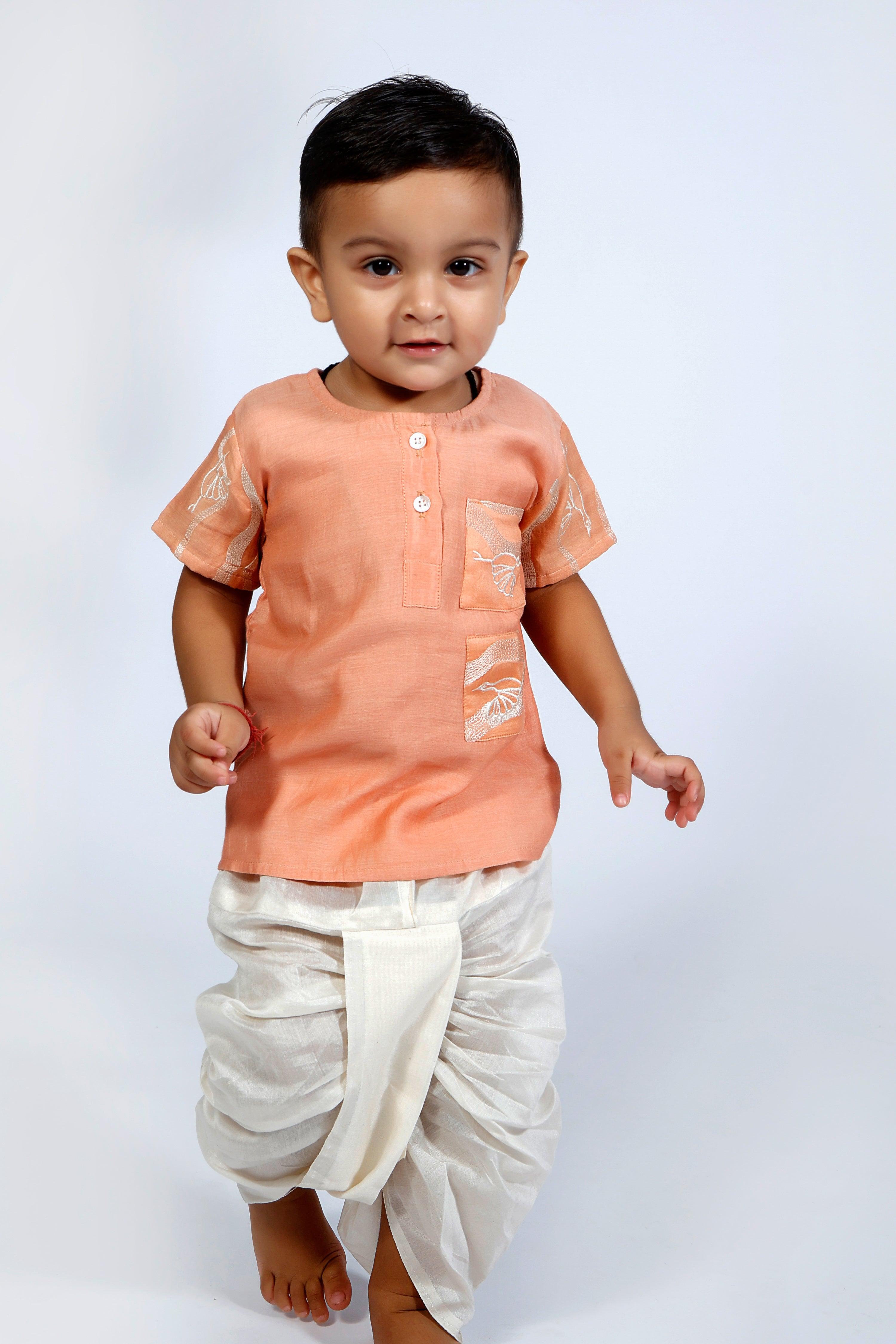 Designer Chanderi Short Ethnic Kurta with Dhoti for Boys - Peach - Totdot