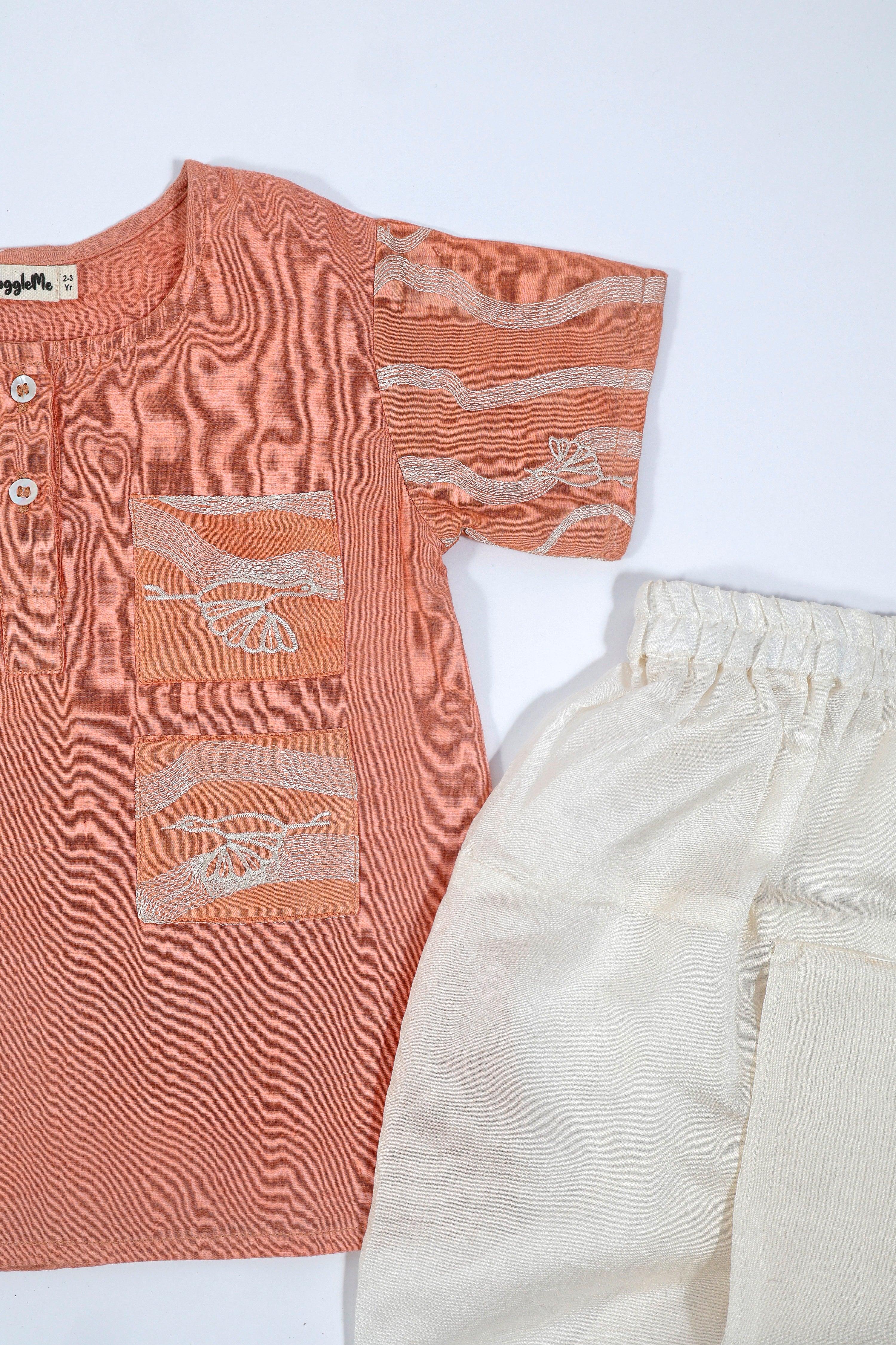 Designer Chanderi Short Ethnic Kurta with Dhoti for Boys - Peach - Totdot