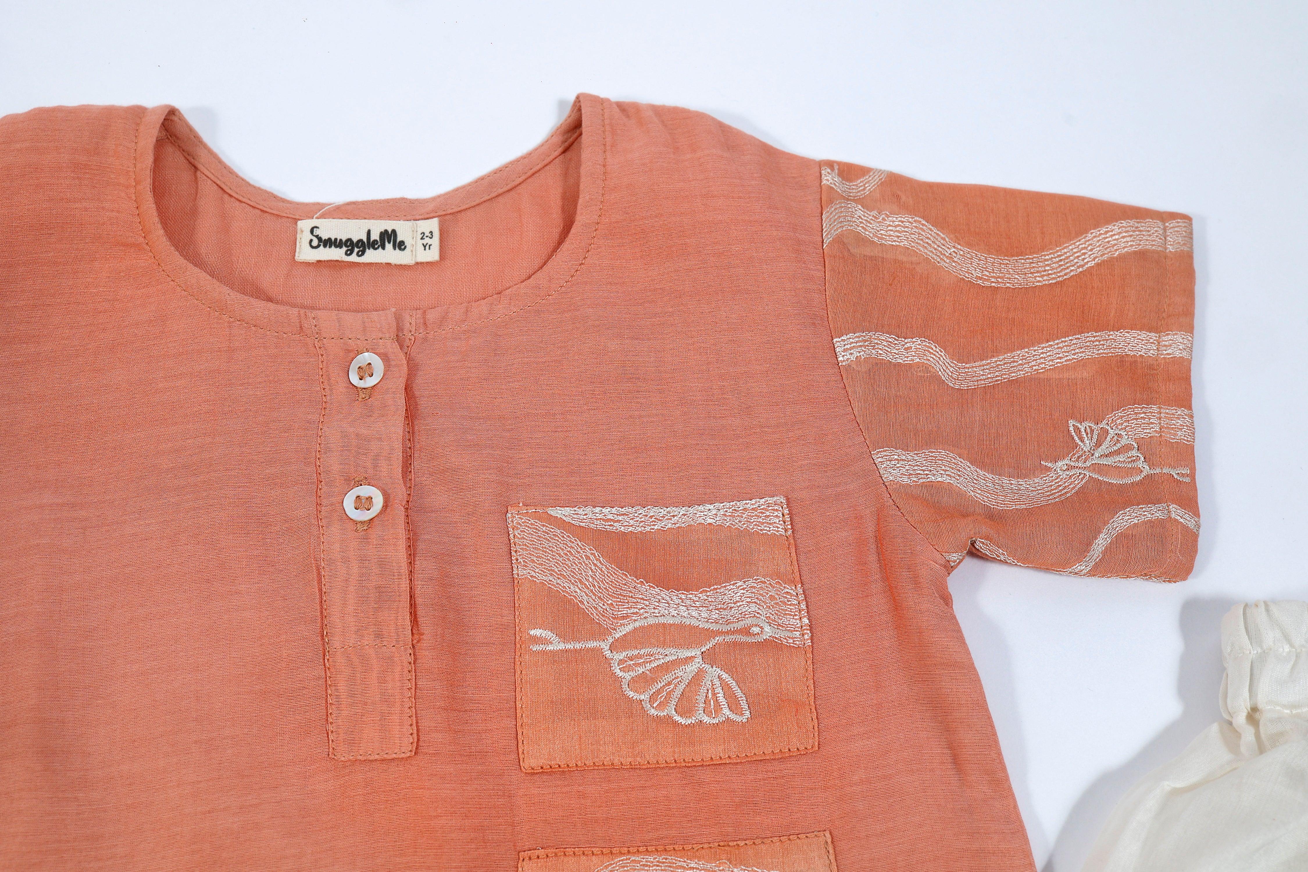 Designer Chanderi Short Ethnic Kurta with Dhoti for Boys - Peach - Totdot