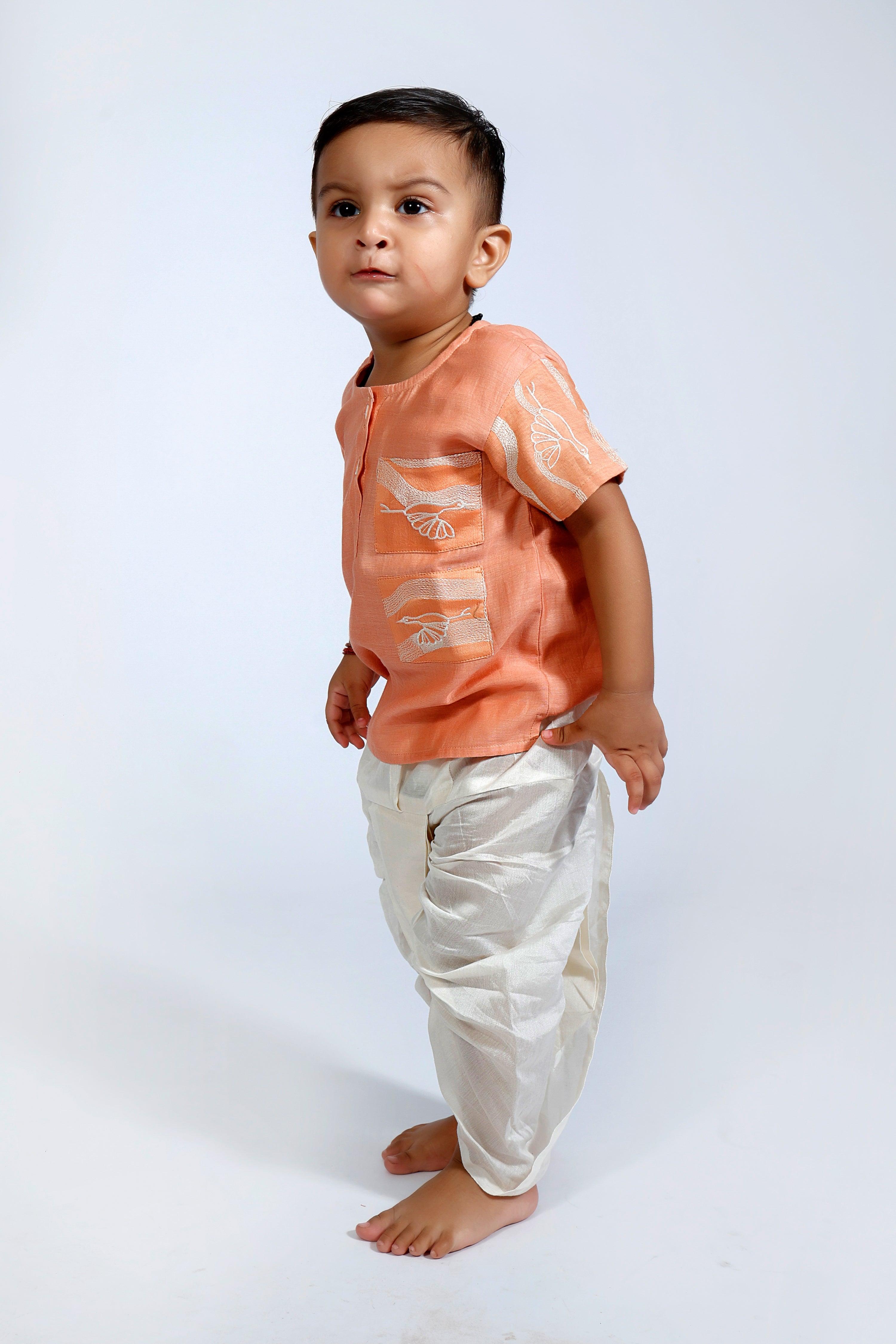 Designer Chanderi Short Ethnic Kurta with Dhoti for Boys - Peach - Totdot