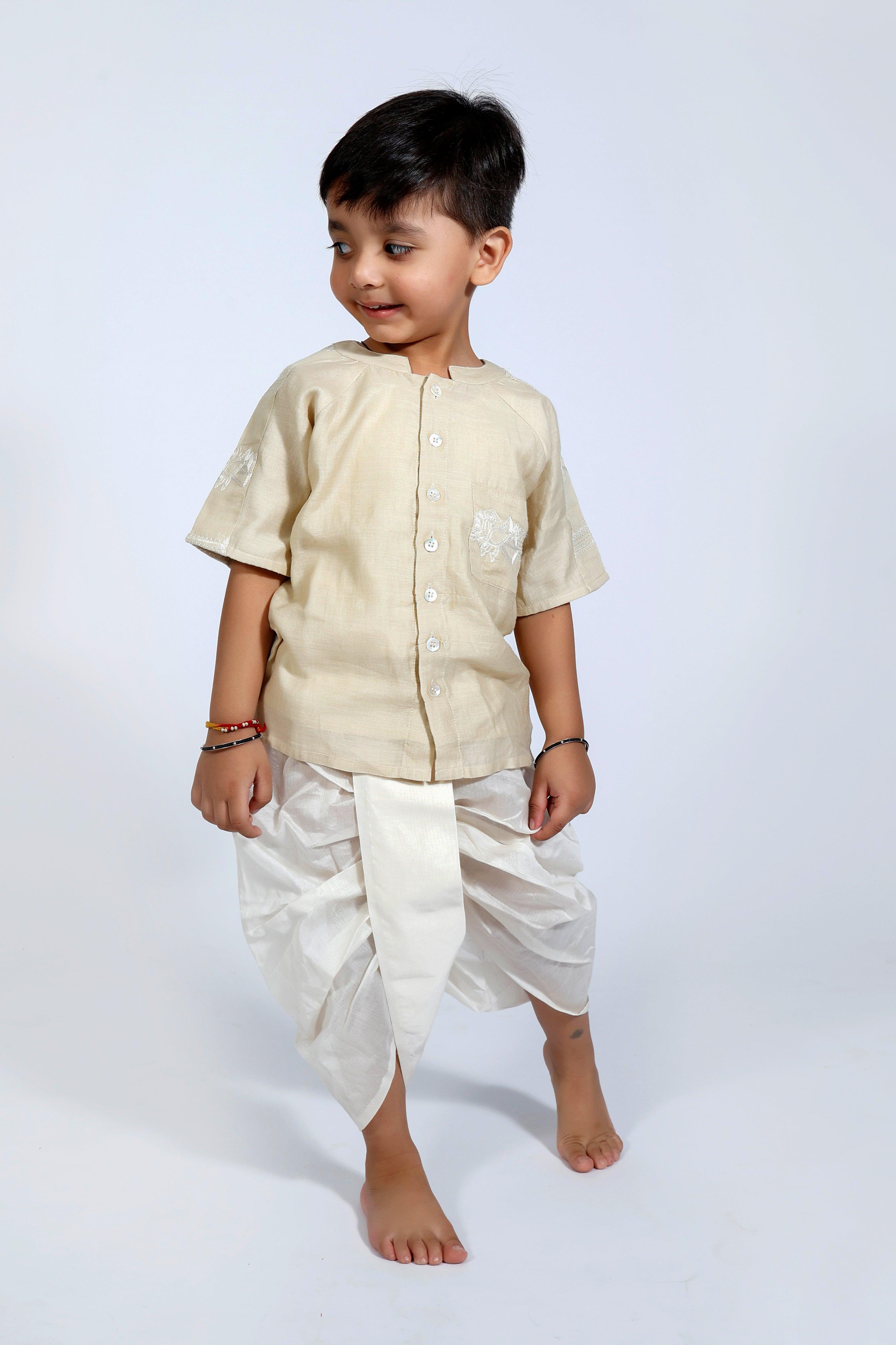 Designer Chanderi Short Ethnic Shirt Style Kurta Set with Dhoti for Boys - Beige - Totdot