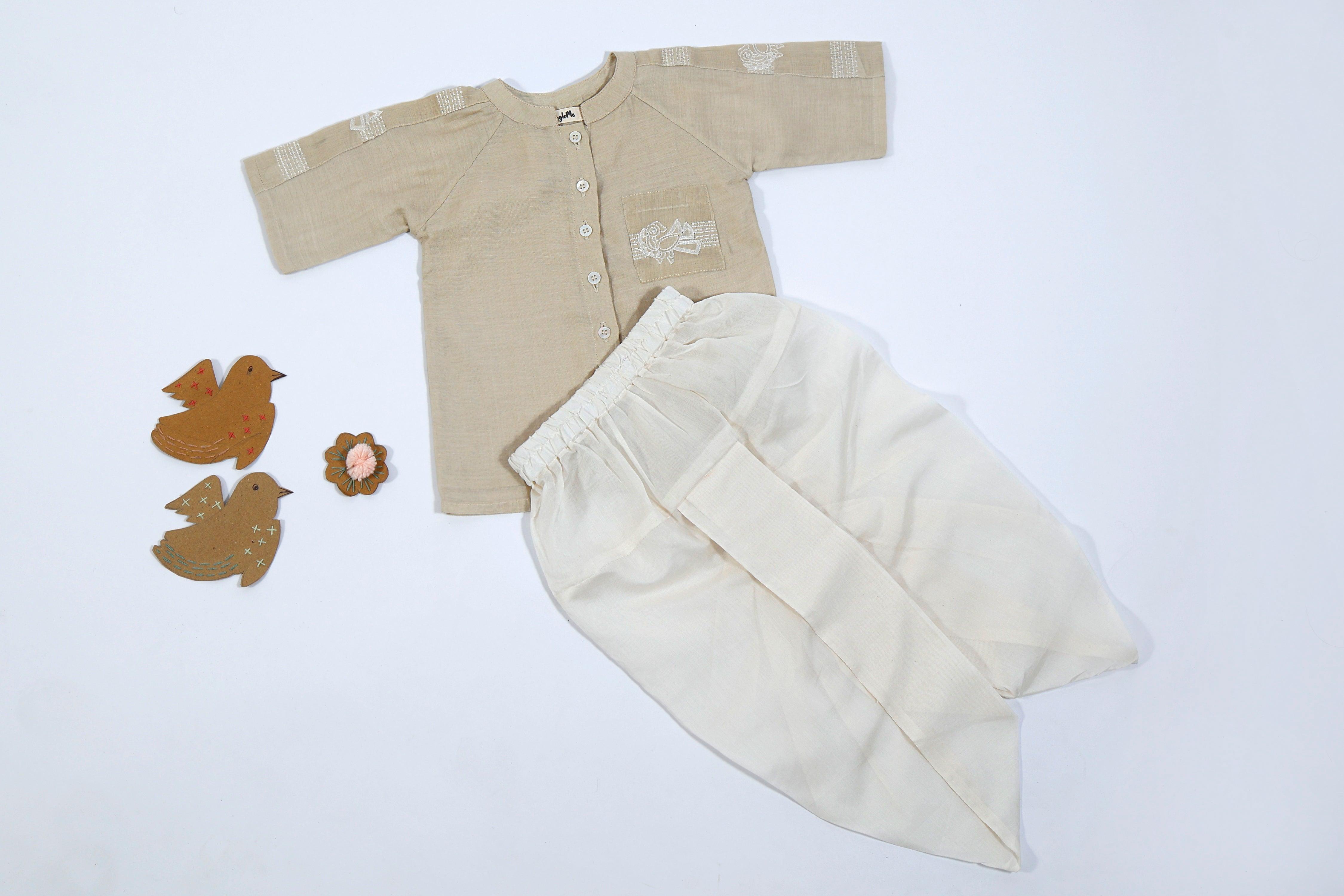 Designer Chanderi Short Ethnic Shirt Style Kurta Set with Dhoti for Boys - Beige - Totdot