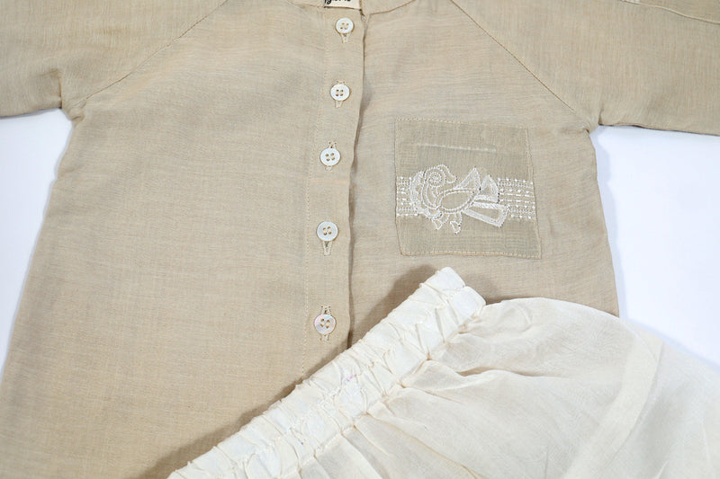 Designer Chanderi Short Ethnic Shirt Style Kurta Set with Dhoti for Boys - Beige - Totdot