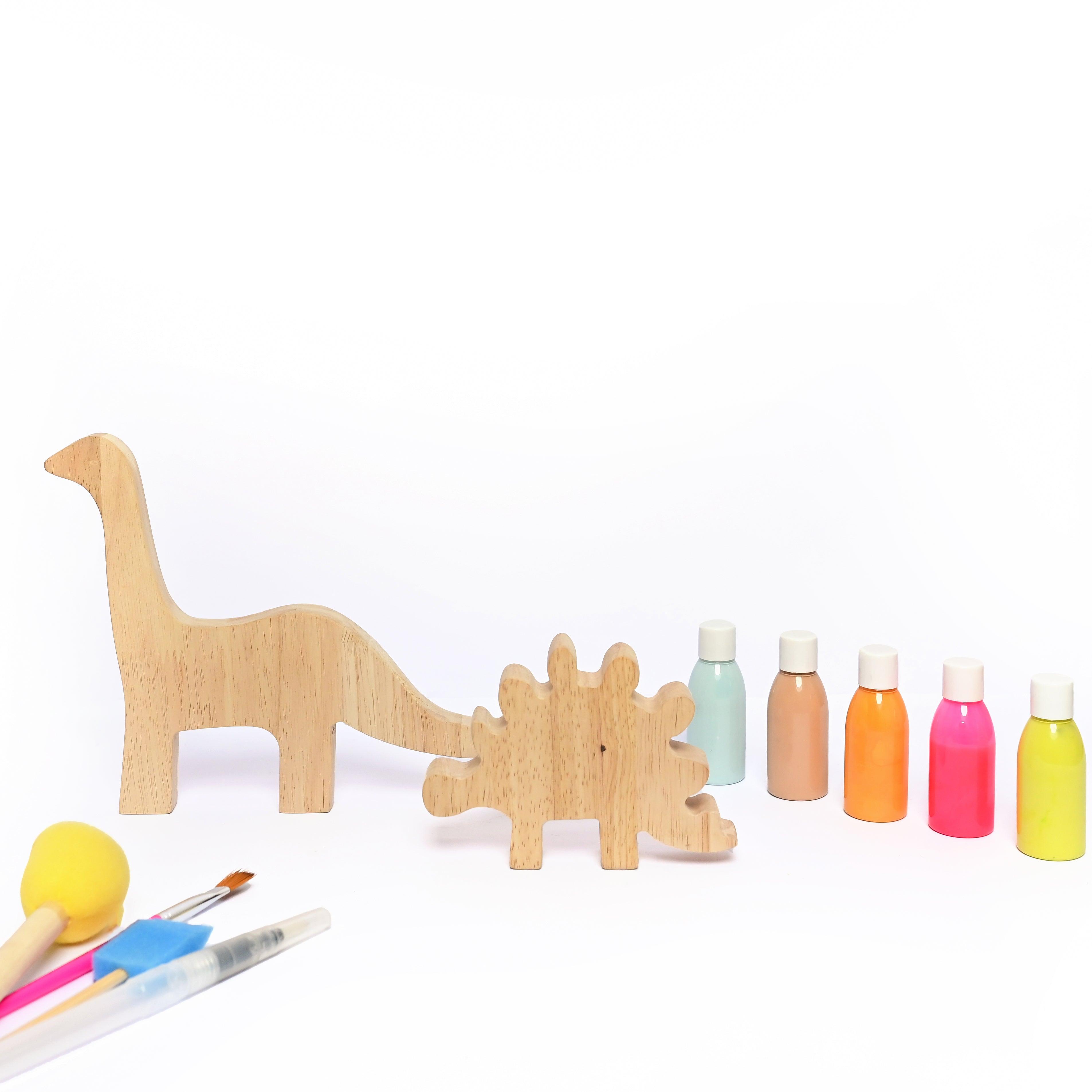 DIY Kit-Dino Set of 2- 2 Wooden Dinosaurs, 5 Color Bottles, 2 Paint Brush, 2 Sponge Brush with different size - Totdot