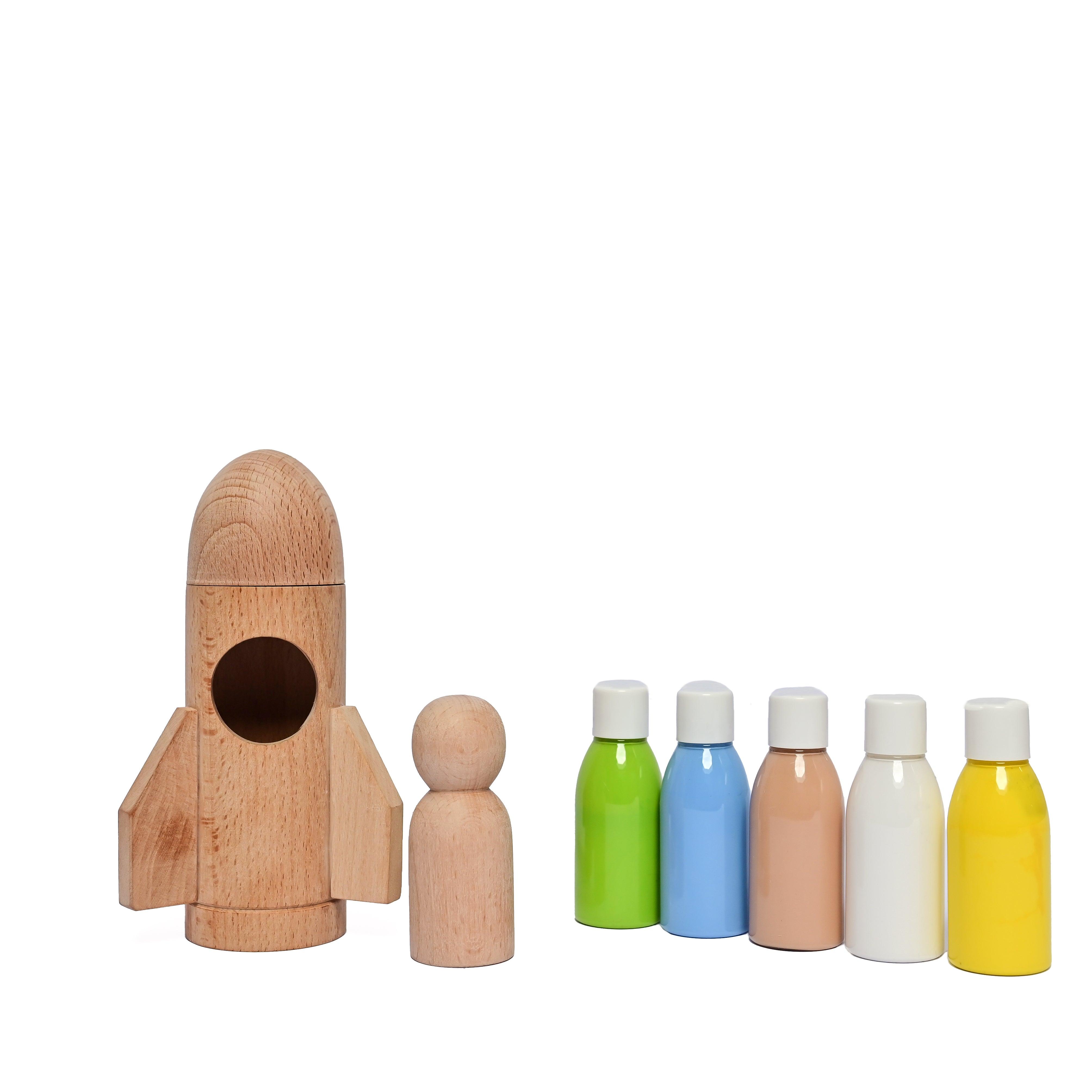 DIY Kit-Rocket- 1 Rocket,1 Astronaut, 5 Color Bottles, 2 Paint Brush, 2 Sponge Brush with different size - Totdot