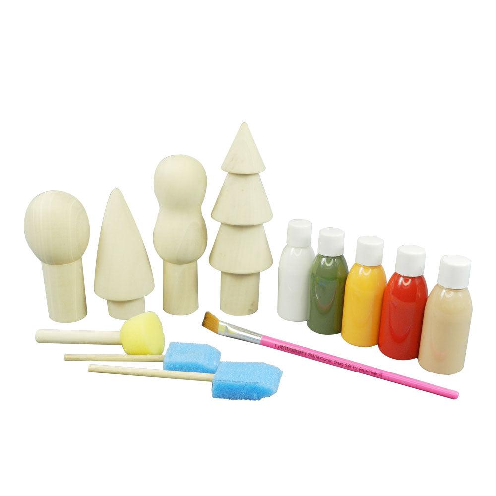 DIY Kit-Trees-4 Wooden Trees,5 Color Bottles ,2 Paint Brush, 3 Sponge Brush. - Totdot