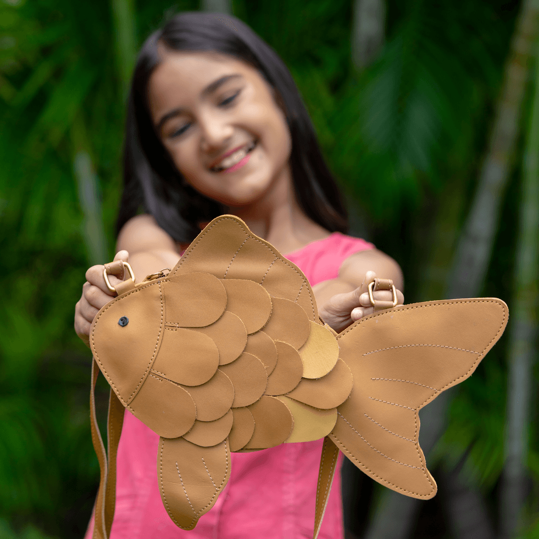 Dory Fish Crossbody Bag for Kids | Vegan Leather | Bronze Sand Color | Velvet Lining - Totdot