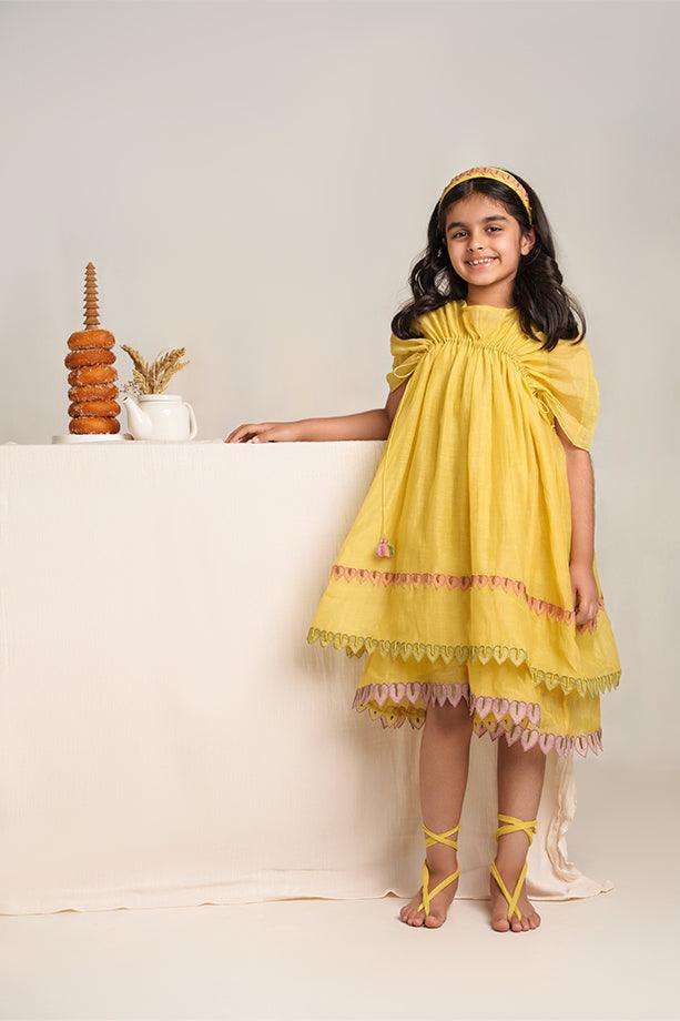 Down by the Bay- Yellow Chanderi Silk Hand Embroidered Gathered A-Line Dress for Girls - Totdot