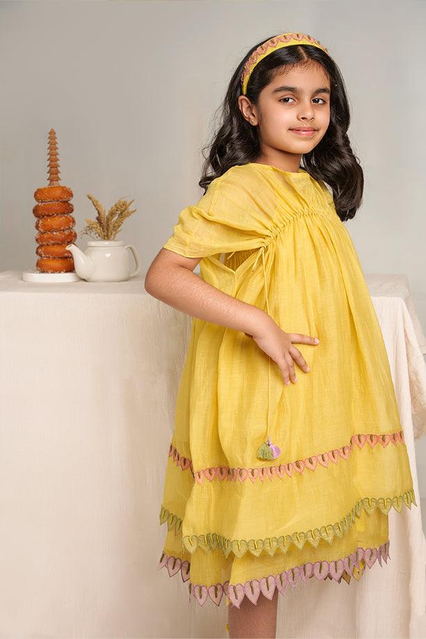 Down by the Bay- Yellow Chanderi Silk Hand Embroidered Gathered A-Line Dress for Girls - Totdot