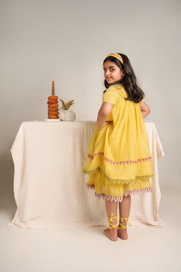 Down by the Bay- Yellow Chanderi Silk Hand Embroidered Gathered A-Line Dress for Girls - Totdot
