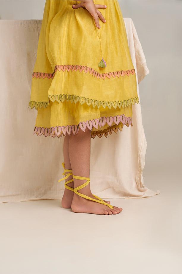 Down by the Bay- Yellow Chanderi Silk Hand Embroidered Gathered A-Line Dress for Girls - Totdot