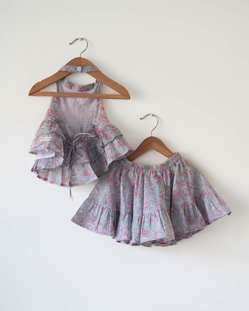 Flutter sky blue butterfly halter top skirt co-ord - Totdot