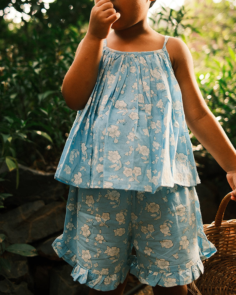 Blossom powder blue spaghetti top shorts set - Totdot