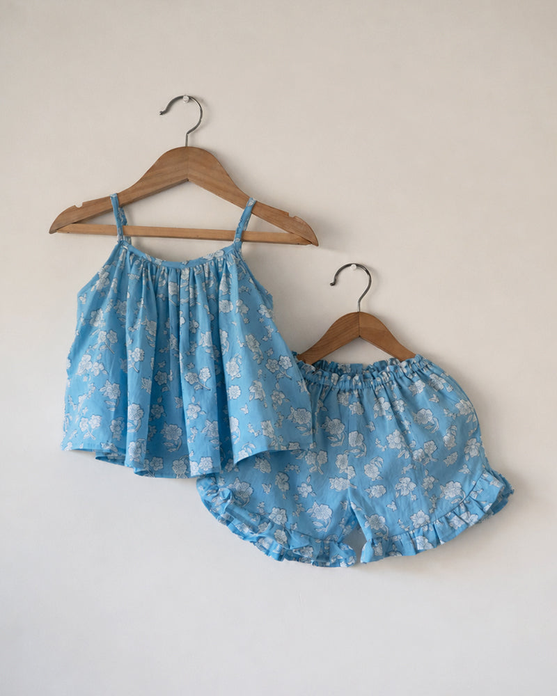 Blossom powder blue spaghetti top shorts set - Totdot