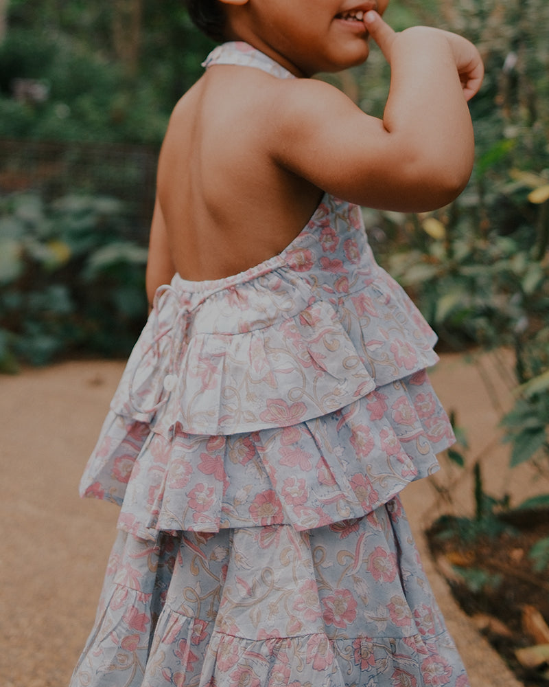Flutter sky blue butterfly halter top skirt co-ord - Totdot