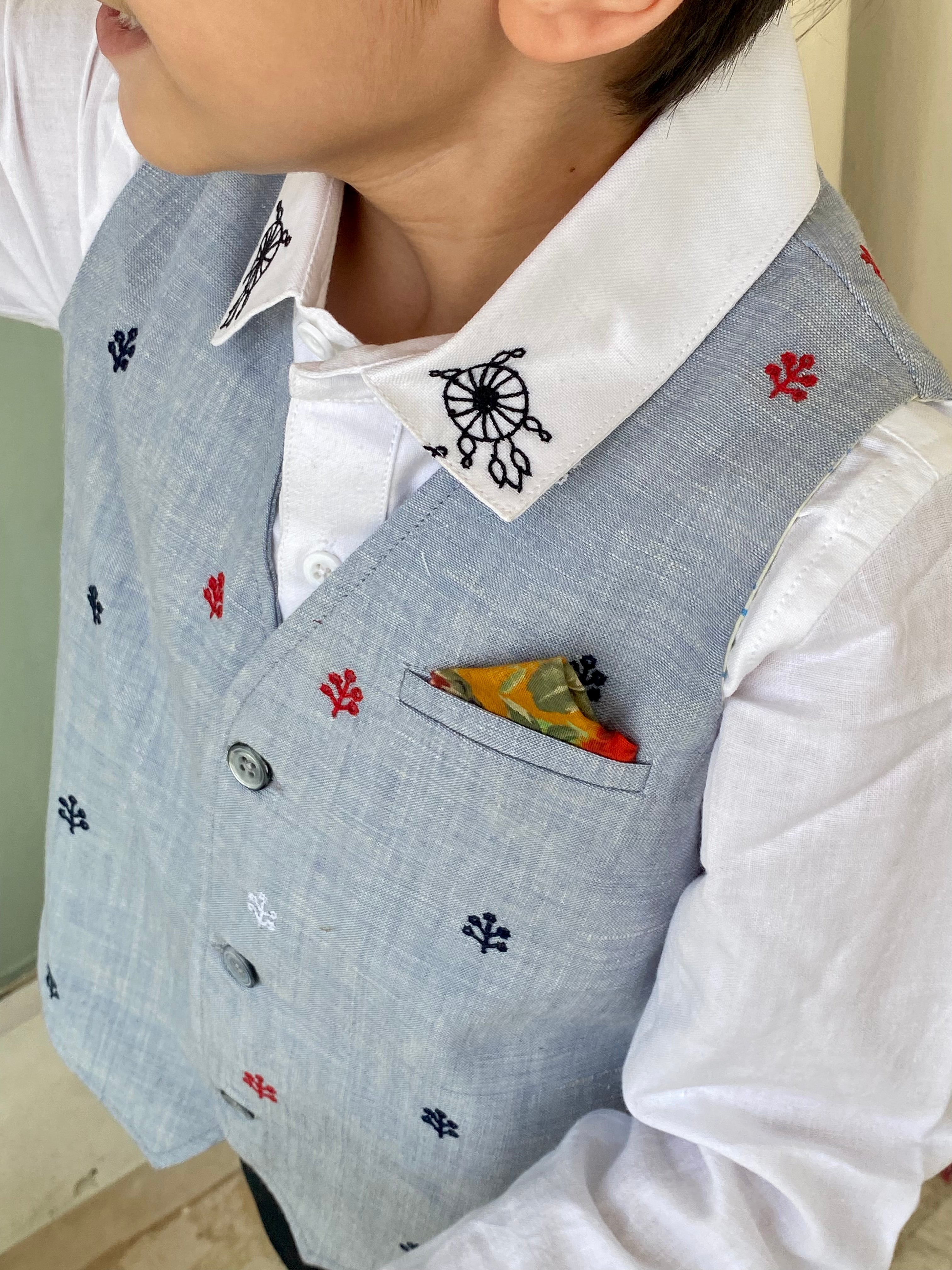 Embroidered Blue Waistcoat - Totdot