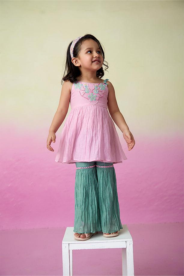 Enchanted Meadow- Orchid Pink Hand Embroidered Kurta with Mint Sharara for Girls - Totdot