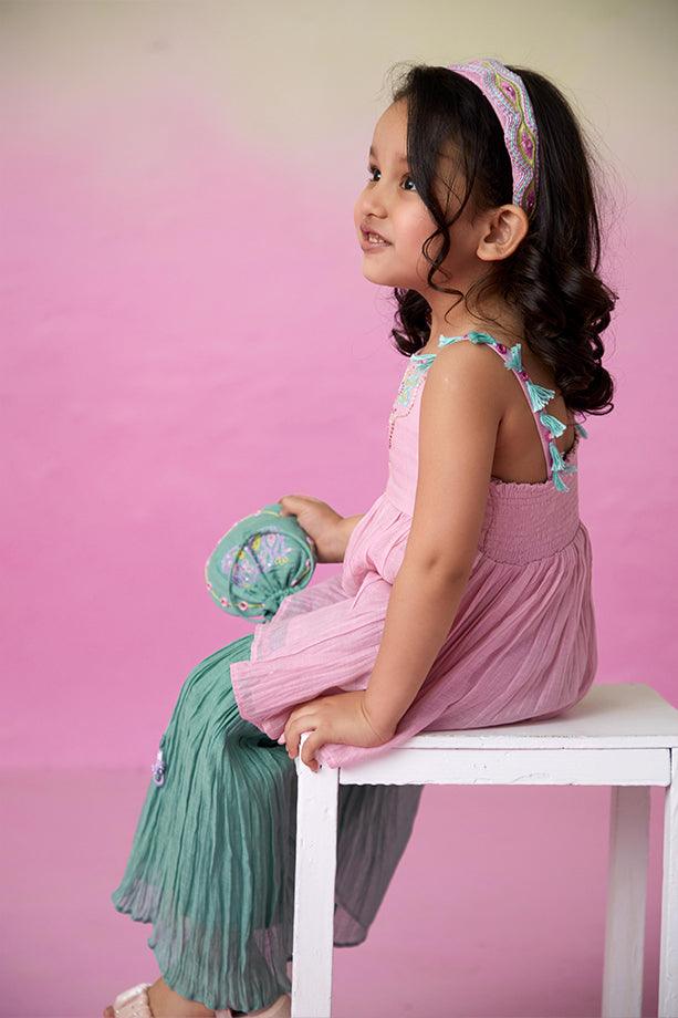 Enchanted Meadow- Orchid Pink Hand Embroidered Kurta with Mint Sharara for Girls - Totdot