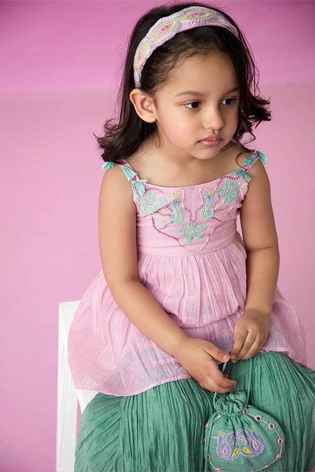 Enchanted Meadow- Orchid Pink Hand Embroidered Kurta with Mint Sharara for Girls - Totdot