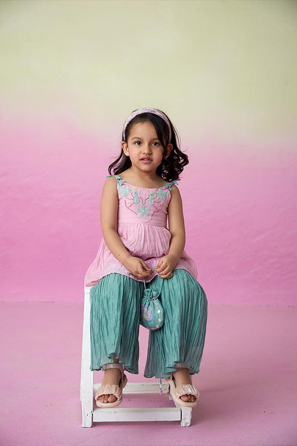 Enchanted Meadow- Orchid Pink Hand Embroidered Kurta with Mint Sharara for Girls - Totdot