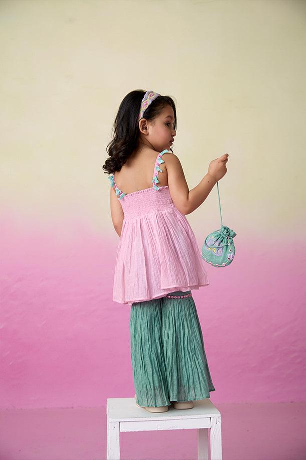 Enchanted Meadow- Orchid Pink Hand Embroidered Kurta with Mint Sharara for Girls - Totdot