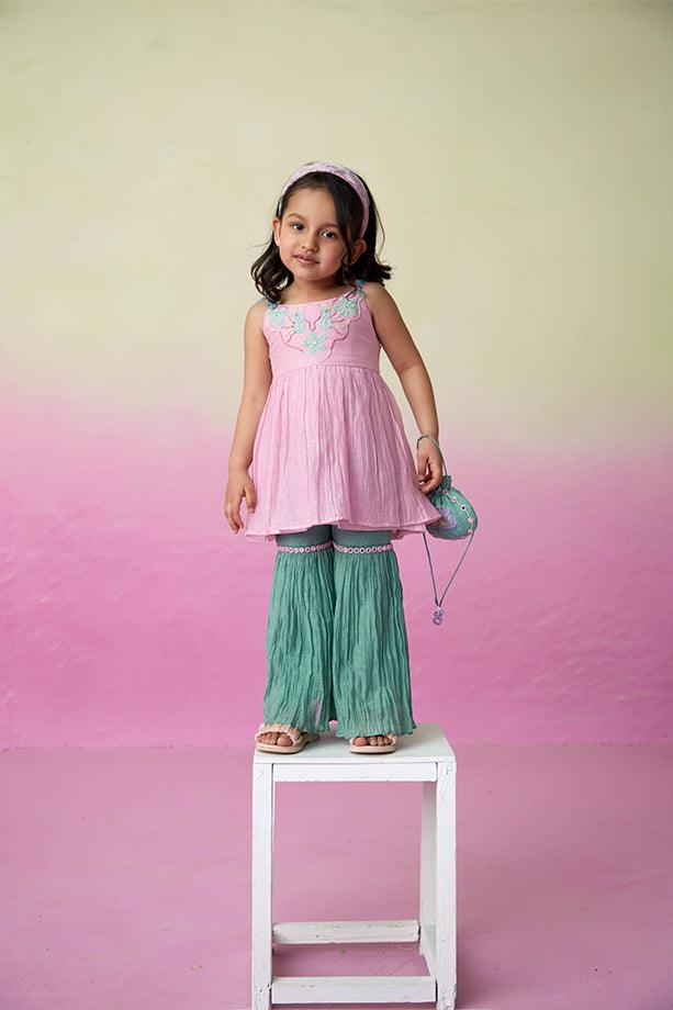 Enchanted Meadow- Orchid Pink Hand Embroidered Kurta with Mint Sharara for Girls - Totdot