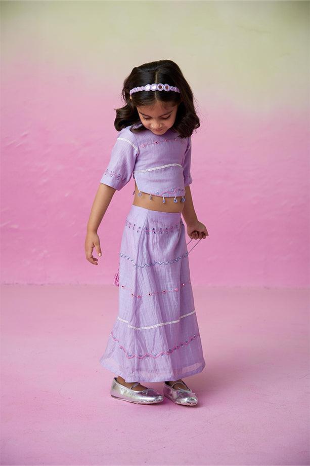 Enchanted Meadow- Orchid Pink Hand Embroidered Kurta with Mint Sharara for Girls - Totdot