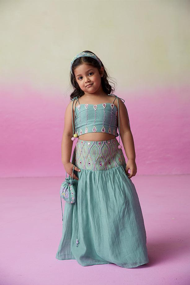 Featherlight Cloud-Mint Hand Embroidered Skirt Top Set for Girls - Totdot