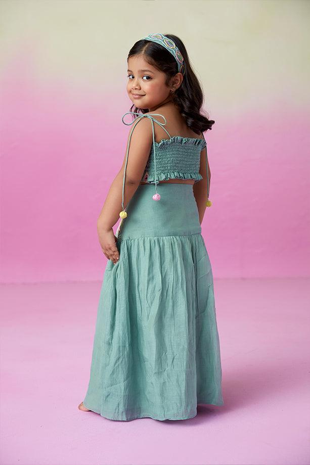 Featherlight Cloud-Mint Hand Embroidered Skirt Top Set for Girls - Totdot