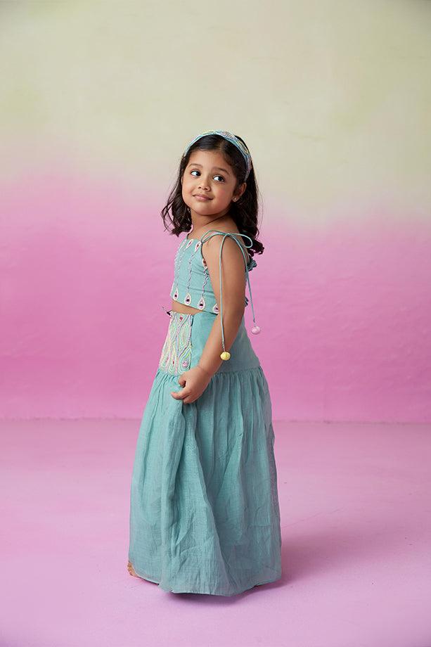 Featherlight Cloud-Mint Hand Embroidered Skirt Top Set for Girls - Totdot