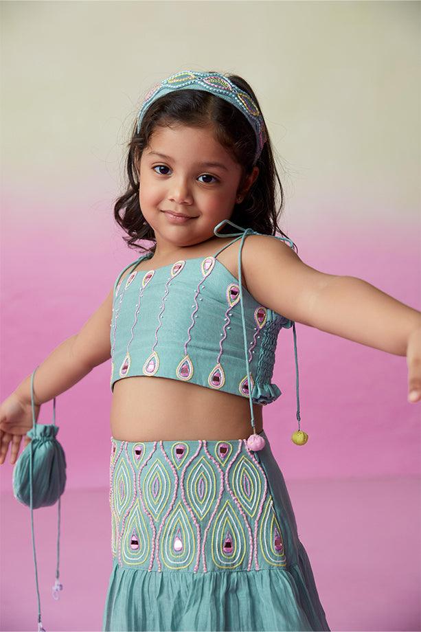 Featherlight Cloud-Mint Hand Embroidered Skirt Top Set for Girls - Totdot