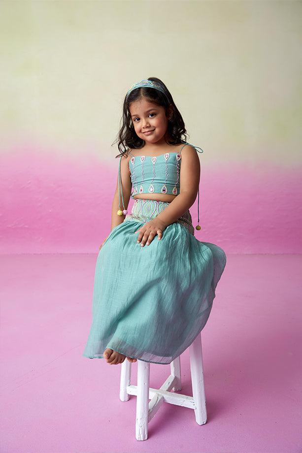 Featherlight Cloud-Mint Hand Embroidered Skirt Top Set for Girls - Totdot