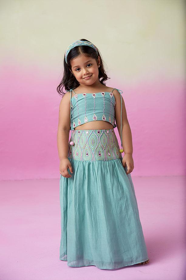 Featherlight Cloud-Mint Hand Embroidered Skirt Top Set for Girls - Totdot