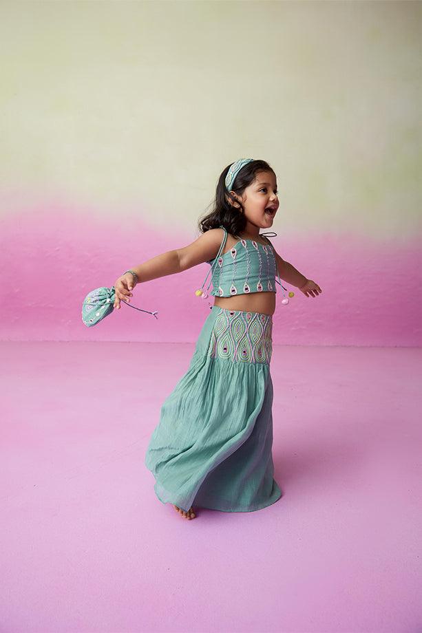 Featherlight Cloud-Mint Hand Embroidered Skirt Top Set for Girls - Totdot