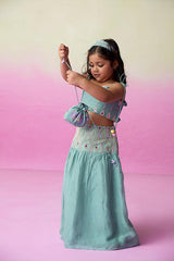 Featherlight Cloud-Mint Hand Embroidered Skirt Top Set for Girls - Totdot